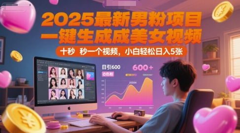 2025最新男粉项目，一键生成美女视频，日引600+色粉 十秒一个视频，小白轻松日入5张【揭秘】-情久项目网