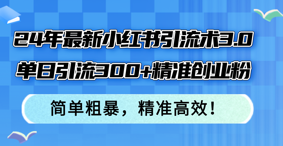 24年最新小红书引流术3.0，单日引流300+精准创业粉，简单粗暴，精准高效！-情久项目网