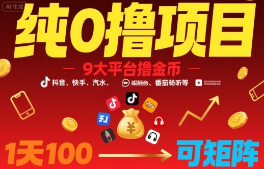 纯0撸项目，9大平台撸金币，抖音，快手，汽水，番茄畅听等，1天100，可矩阵-情久项目网