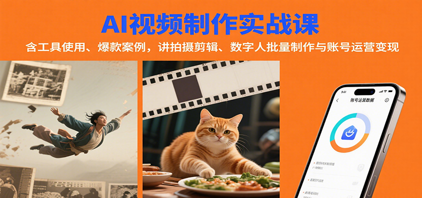 AI视频制作实战：含工具使用、爆款案例，讲拍摄剪辑、数字人批量制作与账号运营变现-情久项目网
