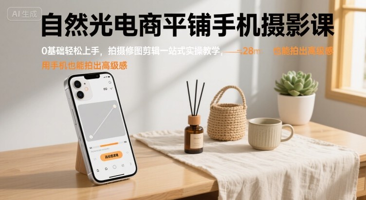 自然光电商平铺手机摄影课，0基础轻松上手，拍摄修图剪辑一站式实操教学，用手机也能拍出高级感-情久项目网
