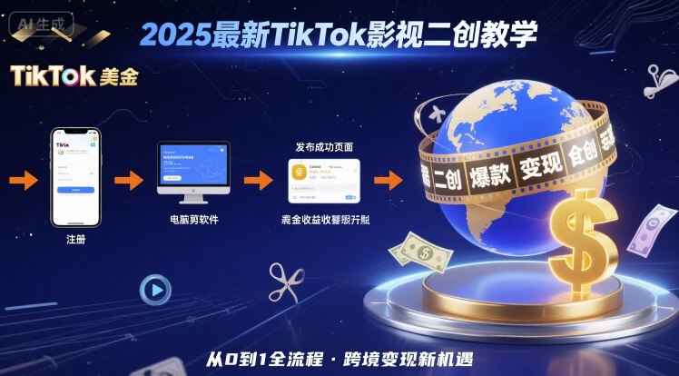 2025年最新TikTok影视二创教学，从注册到发布撸美金全流程，跨境变现新机遇-情久项目网