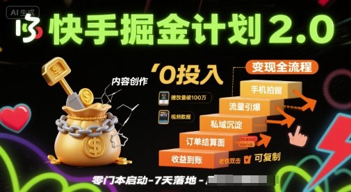 快手掘金计划2.0，快手电商变现全流程，简单可复制，0投入-情久项目网