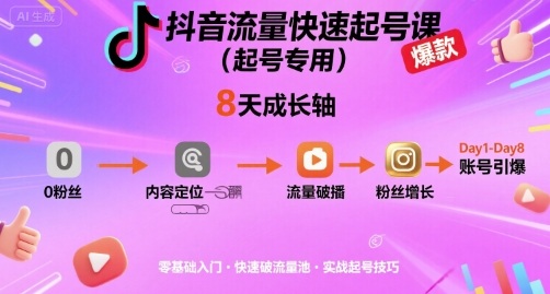 抖音流量快速起号课(起号专用)，8天带你做爆自己的账号-情久项目网