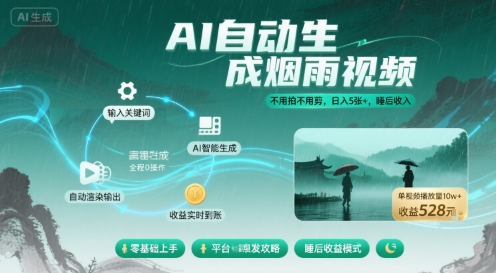 不用拍不用剪！AI自动生成烟雨视频，日入5张+，睡后收入-情久项目网