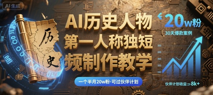 最新AI历史人物第一人称独白短视频制作教学，一个半月20w粉，可过伙伴计划-情久项目网