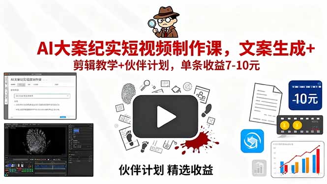 AI大案纪实短视频制作课，文案生成+剪辑教学+伙伴计划，单条收益7-10元-情久项目网