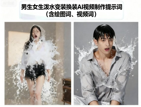 男生女生泼水变装换装AI视频制作提示词(含绘图词、视频词)-情久项目网