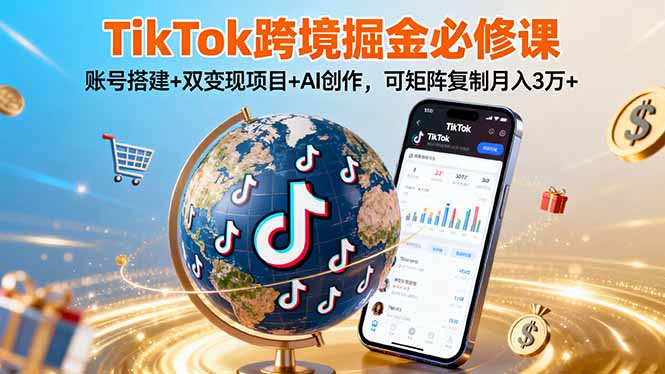 TikTo跨境掘金必修课，账号搭建+双变现项目+AI创作，可矩阵复制月入3万+-情久项目网