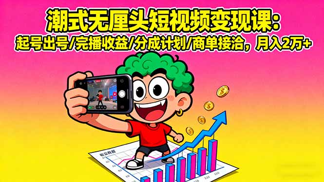 潮式无厘头短视频变现课：起号出号/完播收益/分成计划/商单接洽，月入2万+-情久项目网