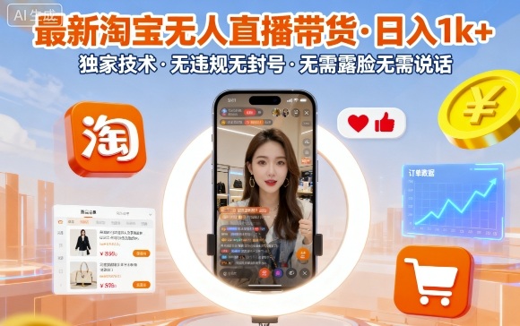 最新淘宝无人直播带货，日入1k+，独家技术，无违规无封号，无需露脸无需说话【揭秘】-情久项目网