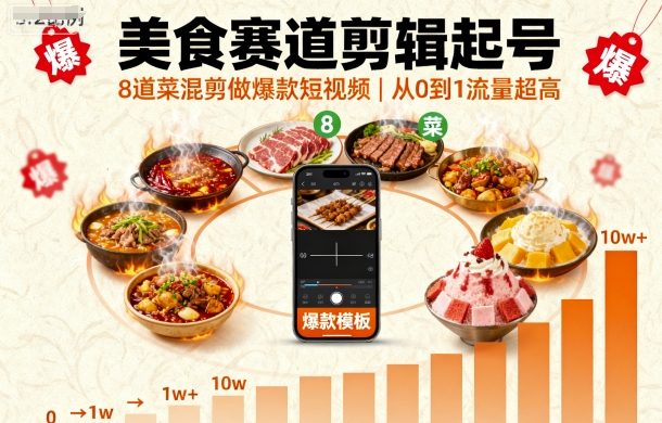美食赛道剪辑起号，8道菜混剪做爆款短视频，从0到1，流量超高-情久项目网