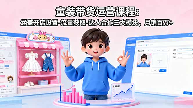 童装带货运营课程：涵盖开店设置-流量获取-达人合作三大模块，月销百万+-情久项目网