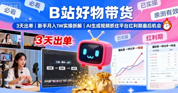 B站好物带货，3天出单，新手月入1W实操拆解，AI生成视频，抓住平台红利期最后机会-情久项目网