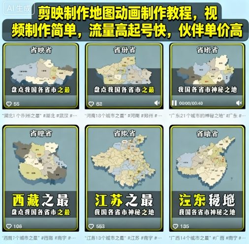 剪映制作地图动画制作教程，视频制作简单，流量高起号快，伙伴单价高-情久项目网