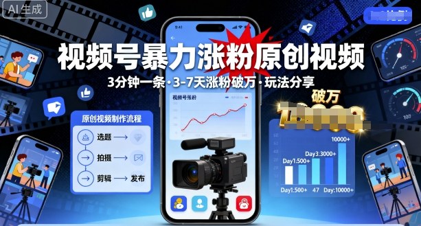 视频号暴力涨粉原创视频，3分钟一条原创视频，3-7天涨粉破万，玩法分享给你-情久项目网