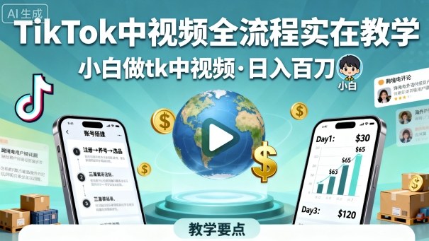 TikTok中视频全流程实操教学，小白做tk中视频，日入百刀-情久项目网
