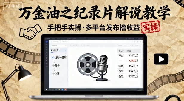 万金油之纪录片解说教学，手把手教你，完全实操，多平台发布撸收益-情久项目网
