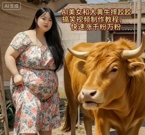 AI美女和大黄牛摔跤搞笑荒诞视频制作教程，快速涨千粉万粉-情久项目网