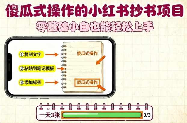 傻瓜式操作的小红书抄书项目，会复制粘贴就行，零基础小白也能一天3张-情久项目网