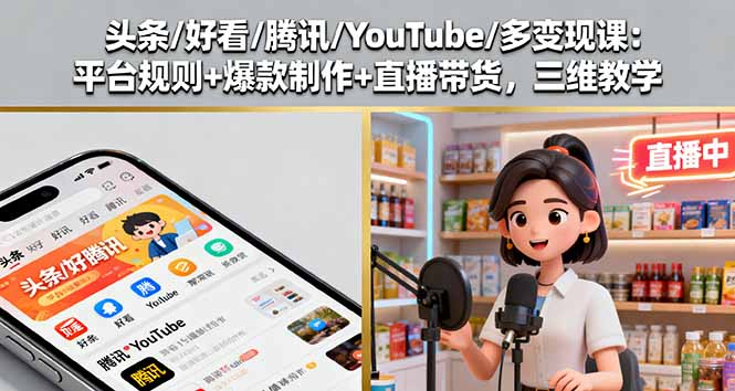 头条/好看/腾讯/YouTube/多变现课：平台规则+爆款制作+直播带货，三维教学-情久项目网