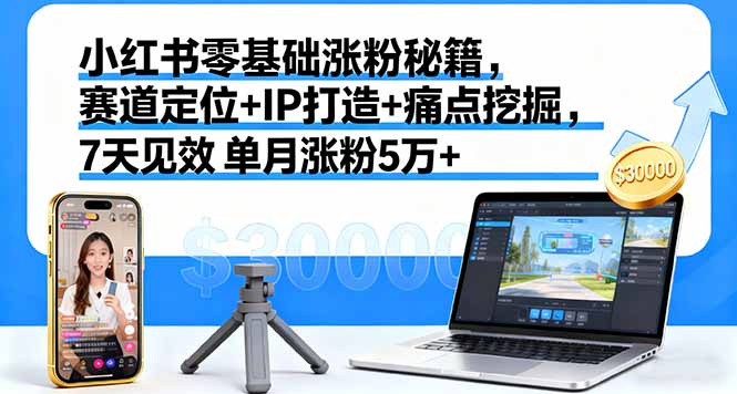 小红书零基础涨粉秘籍，赛道定位+IP打造+痛点挖掘，7天见效 单月涨粉5万+-情久项目网