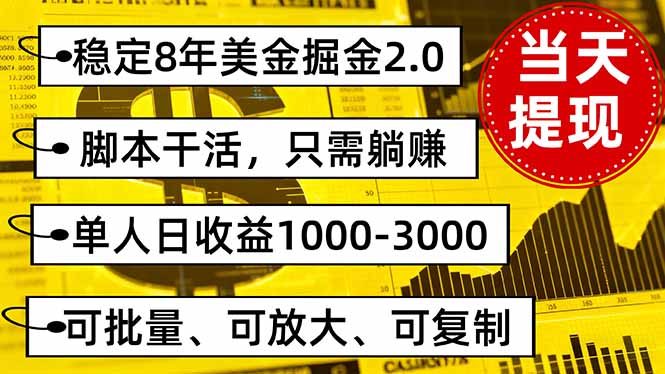 稳定8年美金掘金2.0脚本干活，只需躺赚。单人日收益1000-3000可批量、...-情久项目网