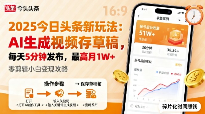 2025年今日头条躺賺新玩法，AI生成视频存草稿，每天5分钟发布，最高月1W+【揭秘】-情久项目网