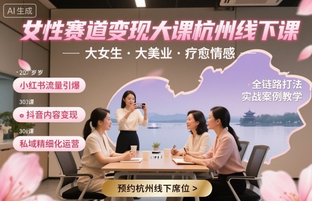 女性赛道变现大课杭州线下，大女生，大美业，疗愈情感，一套小红书、抖音、私域全链路打法-情久项目网