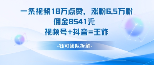 一条视频18W点赞，涨粉6.5W粉佣金8541米，视频号+抖音=王炸-情久项目网