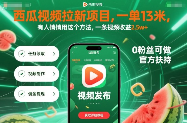 西瓜视频拉新项目，一单13米，有人悄悄用这个方法，一条视频收益2.5w+(附详细教程)-情久项目网