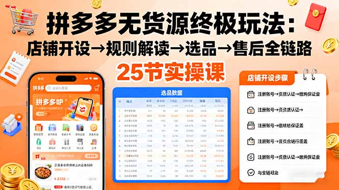 拼多多无货源终极玩法：店铺开设→规则解读→选品→售后全链路,25节实操课-情久项目网