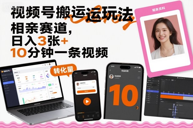 视频号搬运玩法，相亲赛道，日入3张+，10分钟一条视频-情久项目网