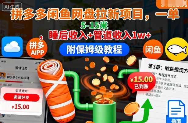 拼多多闲鱼网盘拉新项目，一单5-15米，睡后收入+管道收入1w+(附保姆级教程)-情久项目网