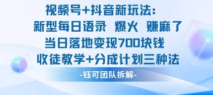 视频号加抖音新玩法：爆火新型每日语录，收徒教学加分成计划，三种变现玩法，当日变现7张-情久项目网