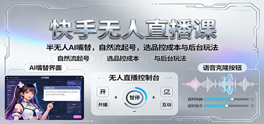 快手无人直播课：半无人AI嘴替，自然流起号，选品控成本与后台玩法-情久项目网