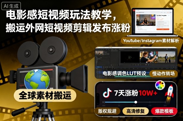 电影感短视频玩法教学，搬运外网短视频剪辑发布涨粉-情久项目网