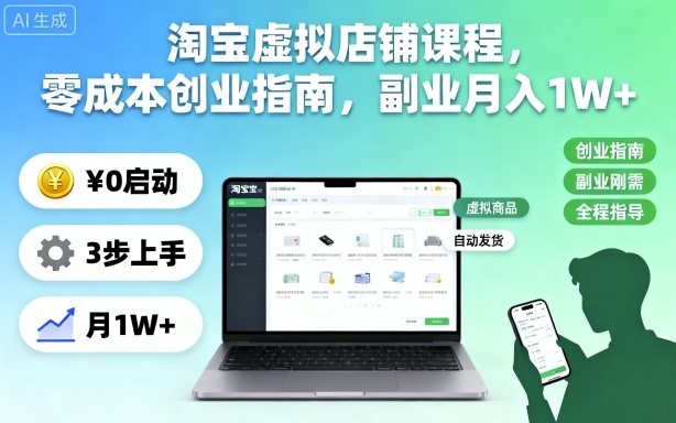 淘宝虚拟店铺课程，零成本创业指南，副业月入1W+-情久项目网