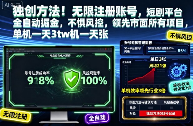 独创方法！无限注册账号，短剧平台全自动掘金，不惧风控，领先市面所有项目，单机一天3张【揭秘】-情久项目网