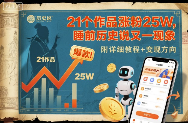 21个作品涨粉25W，睡前历史说又一现象级AI内容大爆款来啦，附详细教程+变现方向-情久项目网