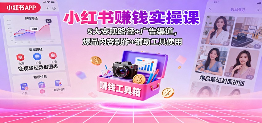 小红书赚钱实操课：5大变现路径+广告渠道，爆品内容制作+辅助工具使用-情久项目网