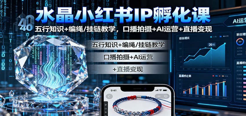 水晶小红书IP孵化课：五行知识+编绳/挂链教学，口播拍摄+AI运营+直播变现-情久项目网
