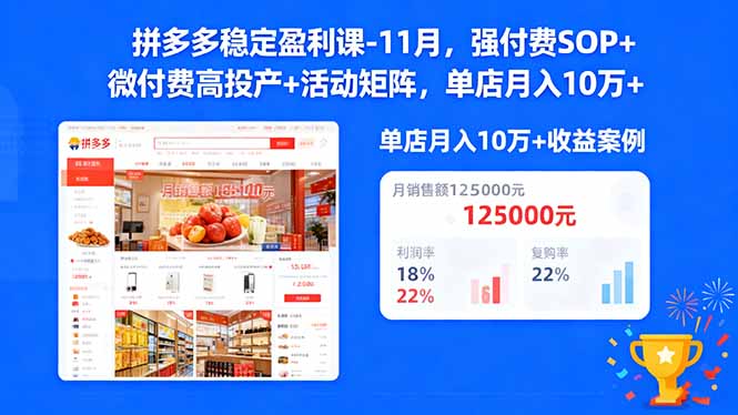 拼多多稳定盈利课-11月，强付费SOP+微付费高投产+活动矩阵，单店月入10万+-情久项目网