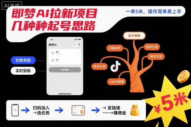 即梦AI拉新项目几种起号思路，一单5米，操作简单易上手-情久项目网