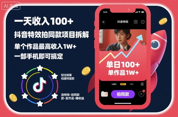 一天收入100+，抖音特效拍同款项目拆解，单个作品最高收入1W+，一部手机即可搞定-情久项目网