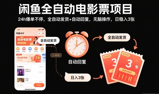 闲鱼全自动电影票项目，24h爆单不停，全自动发货+自动回复，无脑操作，日稳入3张【揭秘】-情久项目网