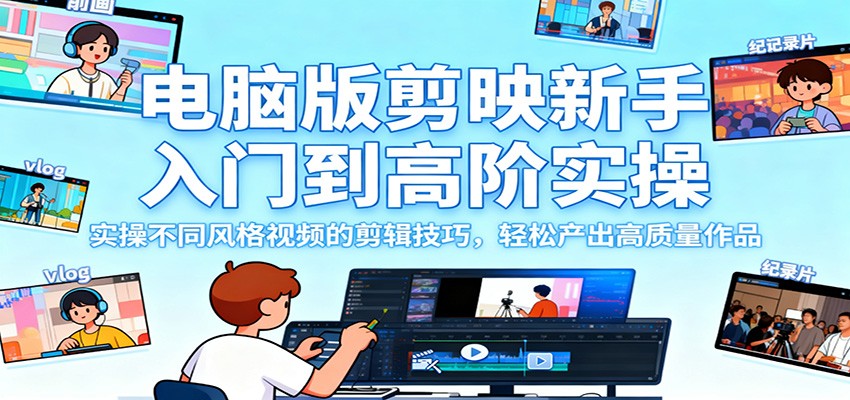 电脑版剪映新手入门到高阶实操，实操不同风格视频的剪辑技巧，轻松产出高质量作品-情久项目网