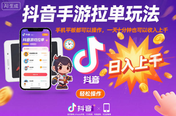 抖音手游拉单玩法，手机平板都可以操作，一天十分钟也可以收入上K【揭秘】-情久项目网