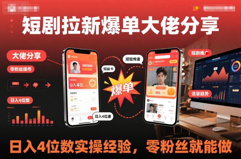 短剧拉新爆单大佬分享日入4位数实操经验，零粉丝就能做-情久项目网