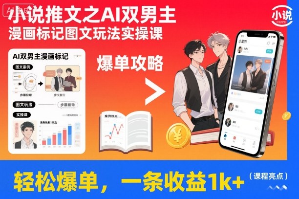 小说推文之AI双男主漫画标记图文玩法实操课，轻松爆单，一条收益1k+-情久项目网